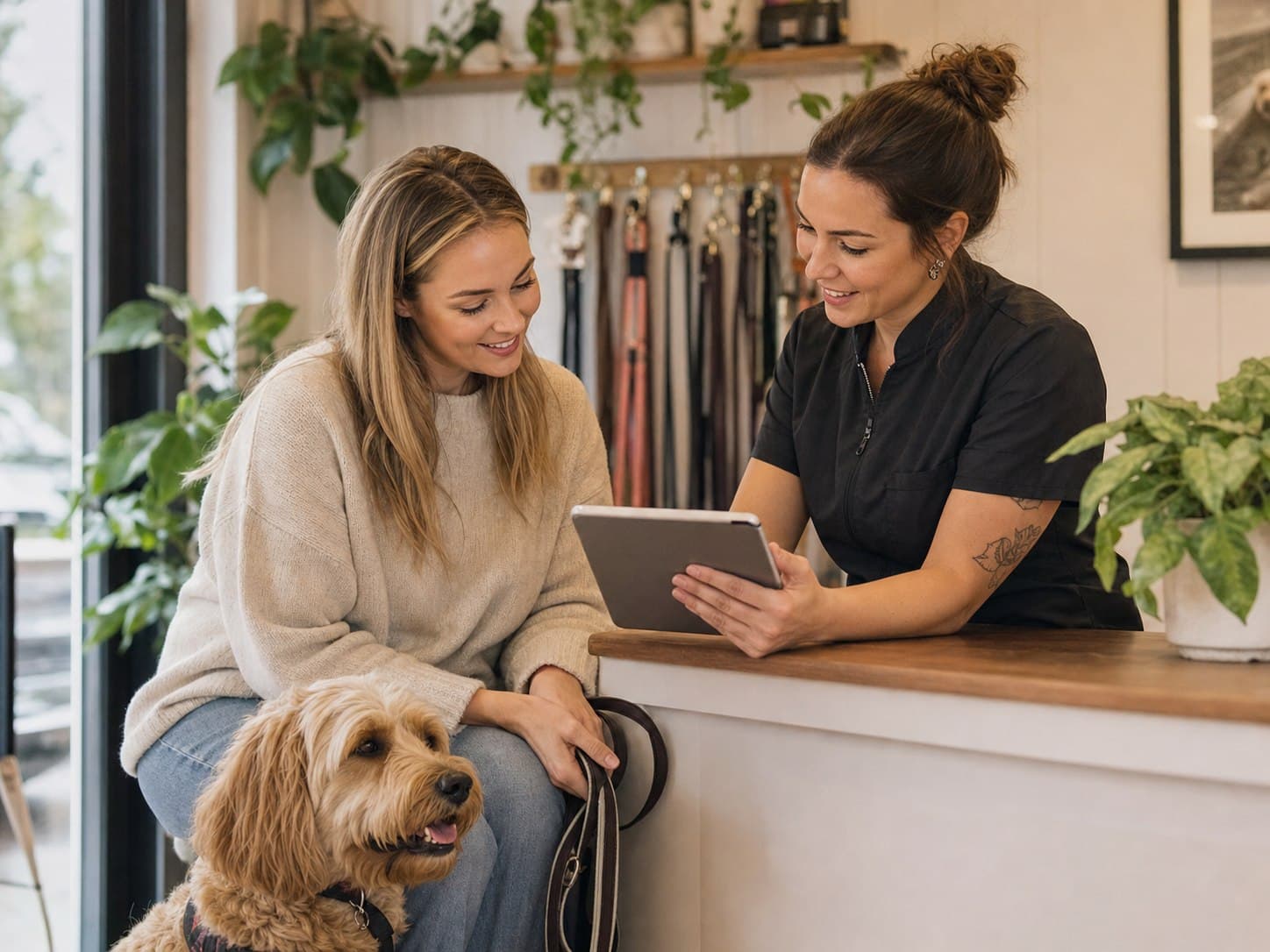 Specjalistka pet care pokazuje opiekunce historię pupila na tablecie w recepcji